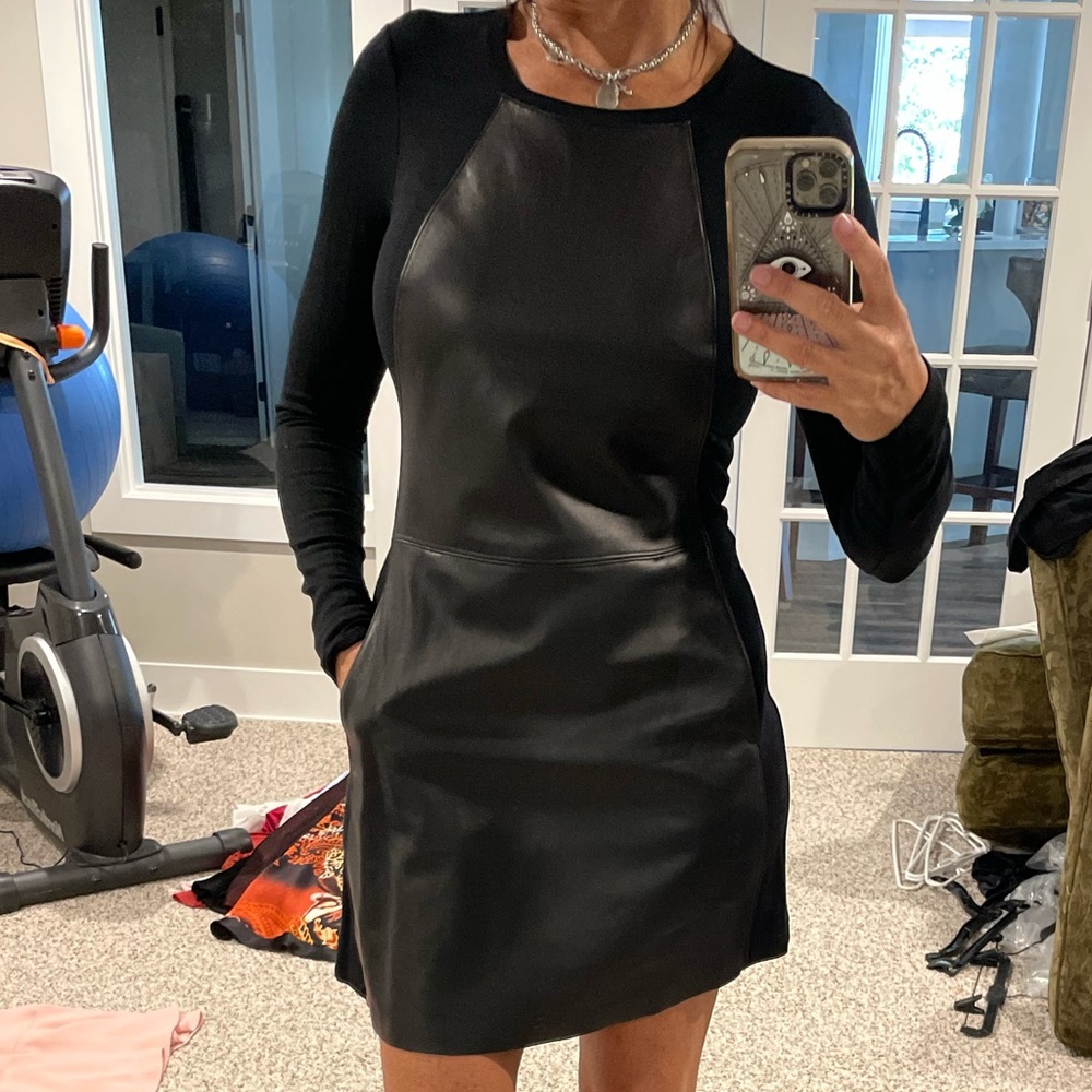 Michael Stars Black Faux Leather Panel Long Sleeve Dress